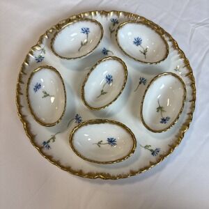 Antique Haviland Limoges Deviled Half Egg Plate Rare Hand Painted Flowers Gold